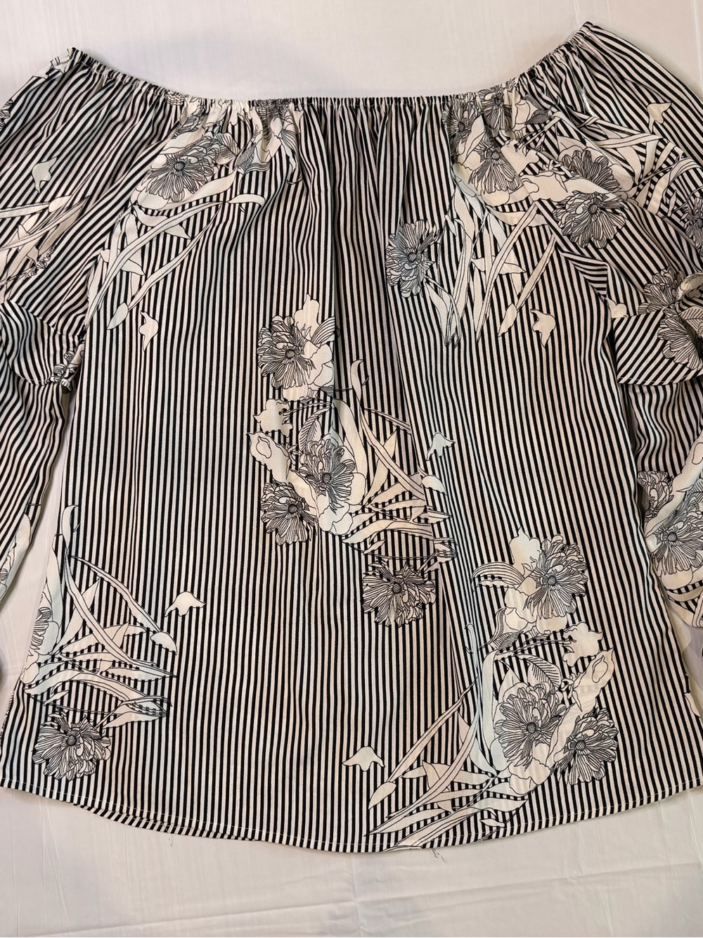 Style Envy Large Black White Striped Floral Off Shoulder Tie Sleeve Blouse